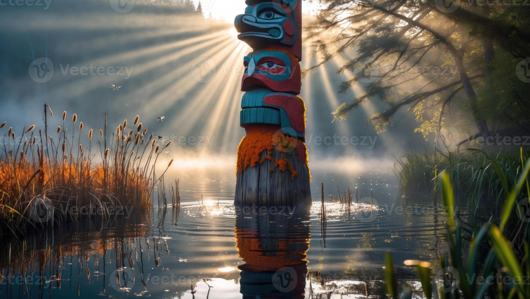 Totem Pole Reflecting in Misty Lake at Sunrise photo