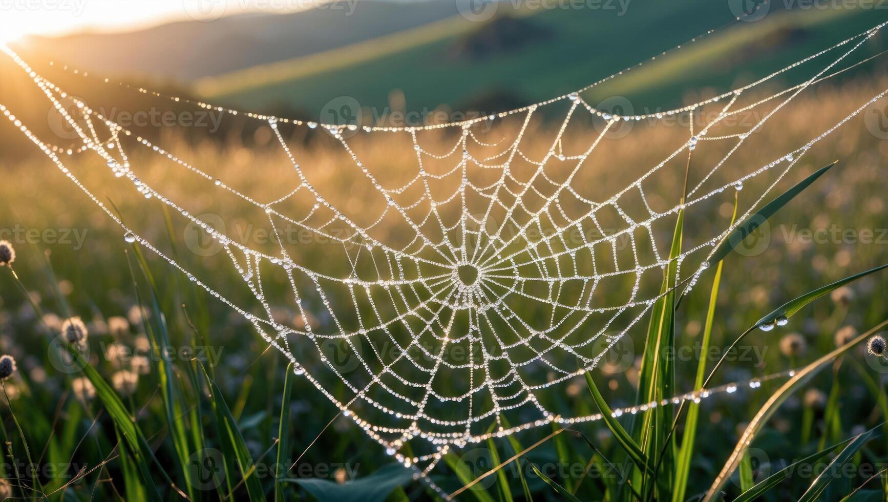 A spider web in the grass with dew on it photo