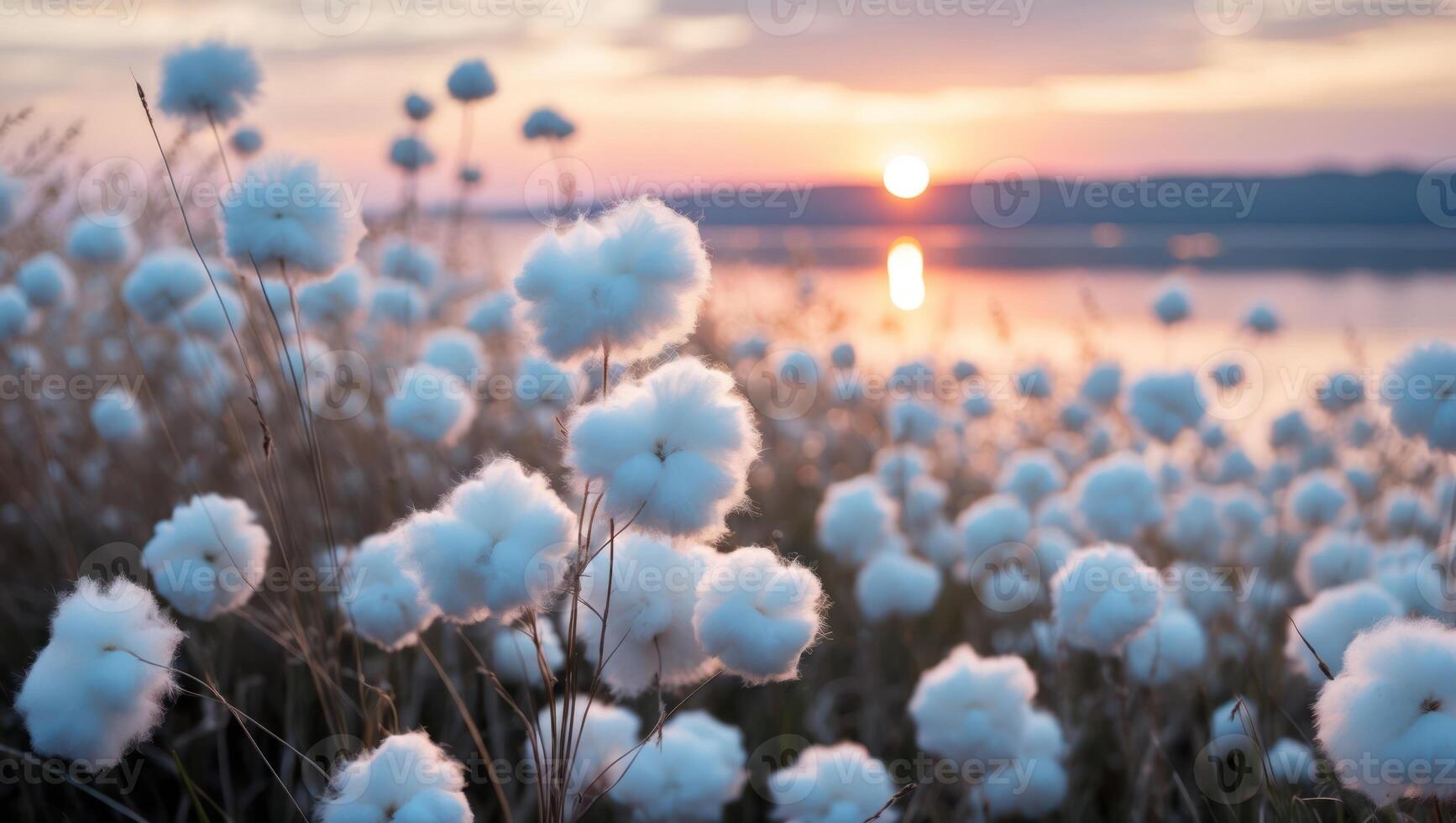 Cotton Grass Field at Sunset Over Water photo
