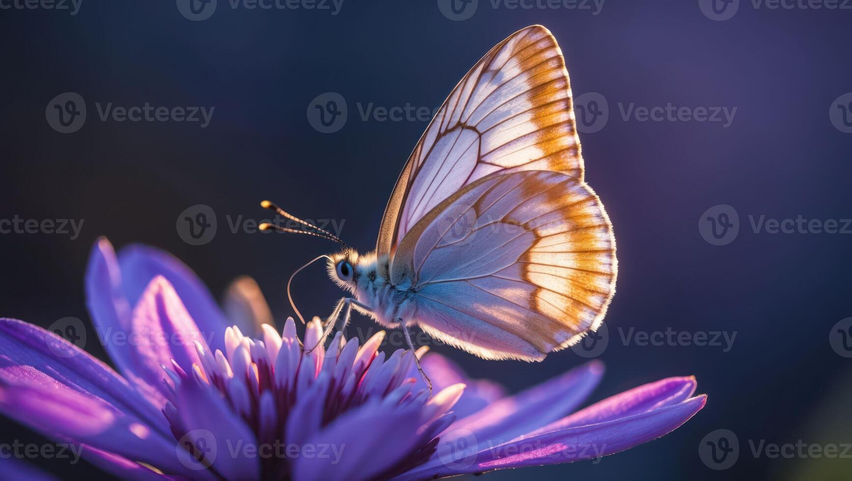 Butterfly Resting on Violet Flower in Sunlight photo