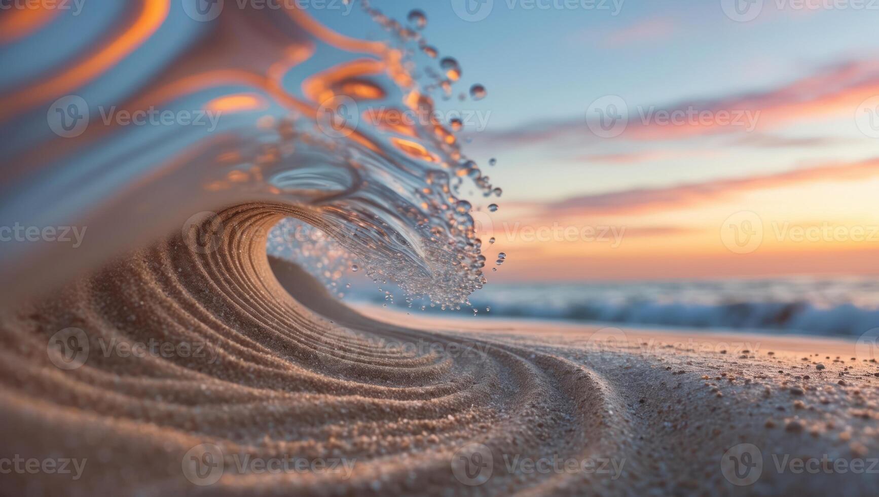 Wave Cresting at Sunset on Beach Sand photo
