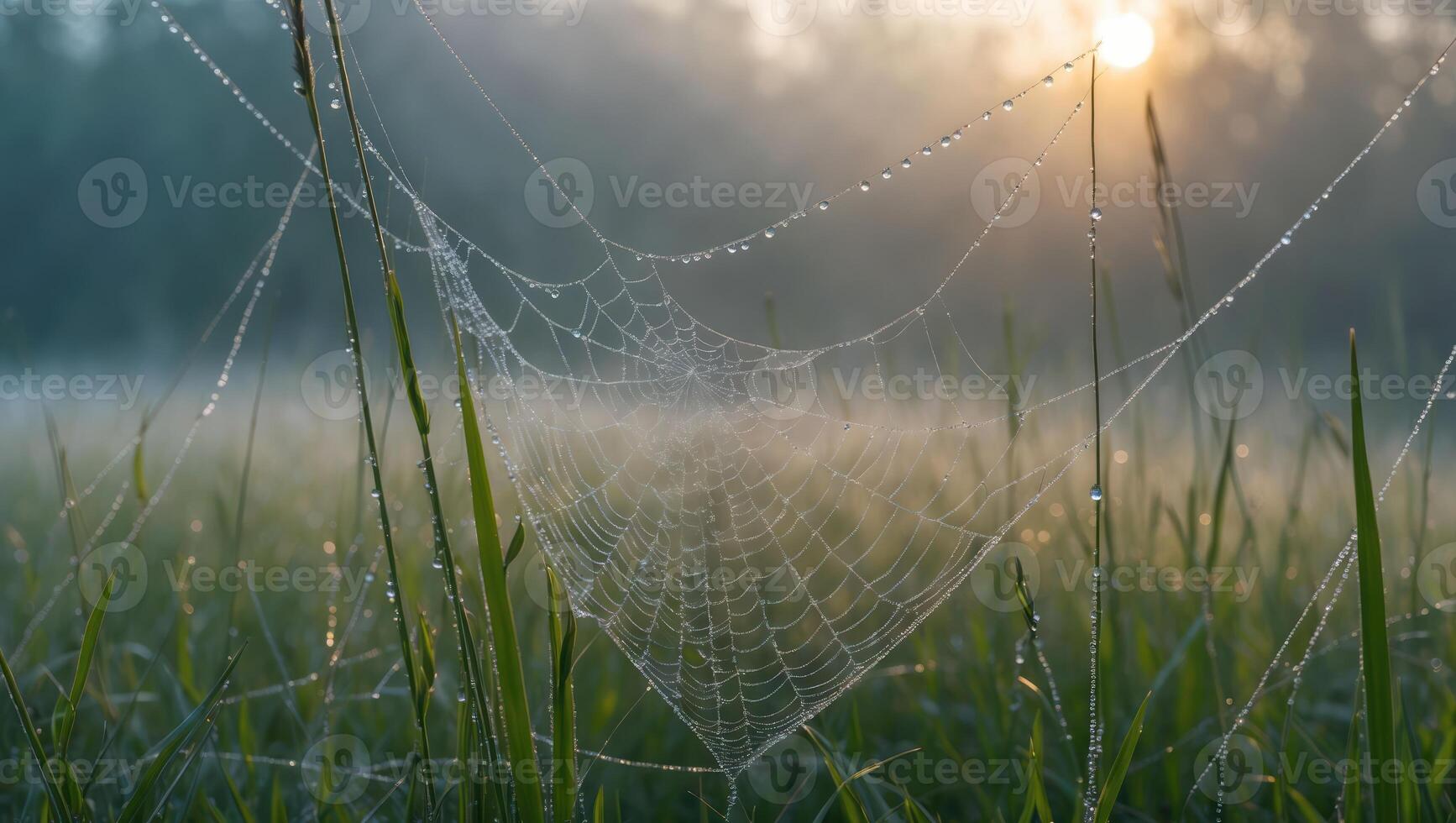 A spider web in the morning with dew on it photo