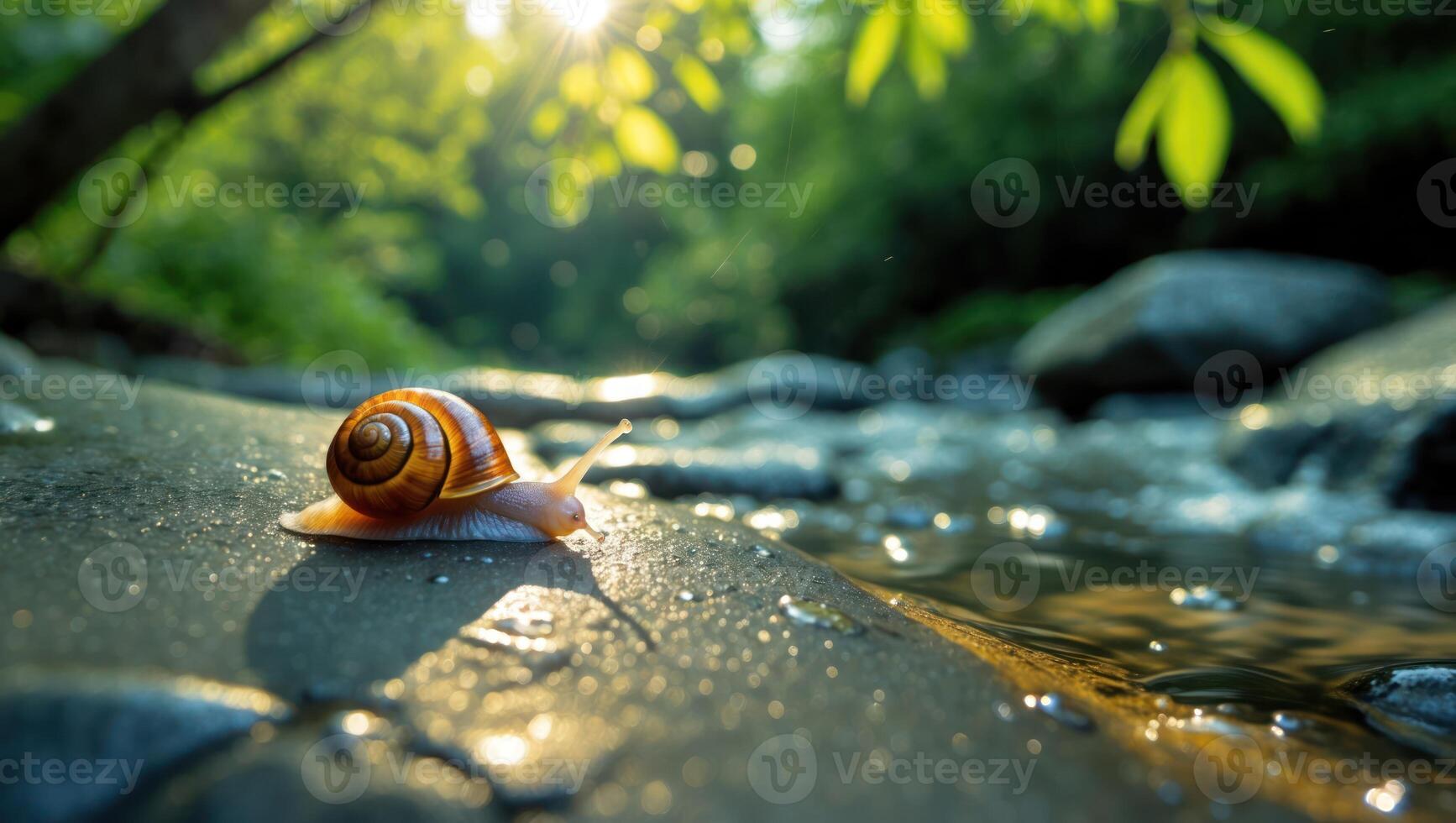 Snail Crawling on River Rock in Forest Sunlight photo