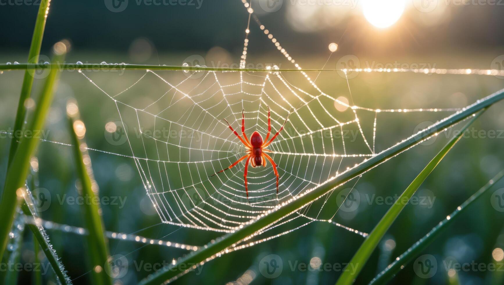 Spider on Web at Sunrise with Dew Drops photo