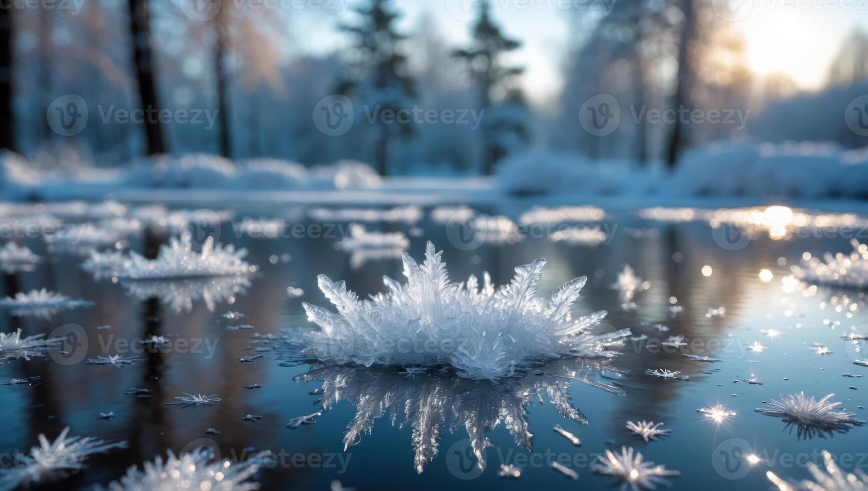 Ice Crystal Formations on Frozen Water Surface photo