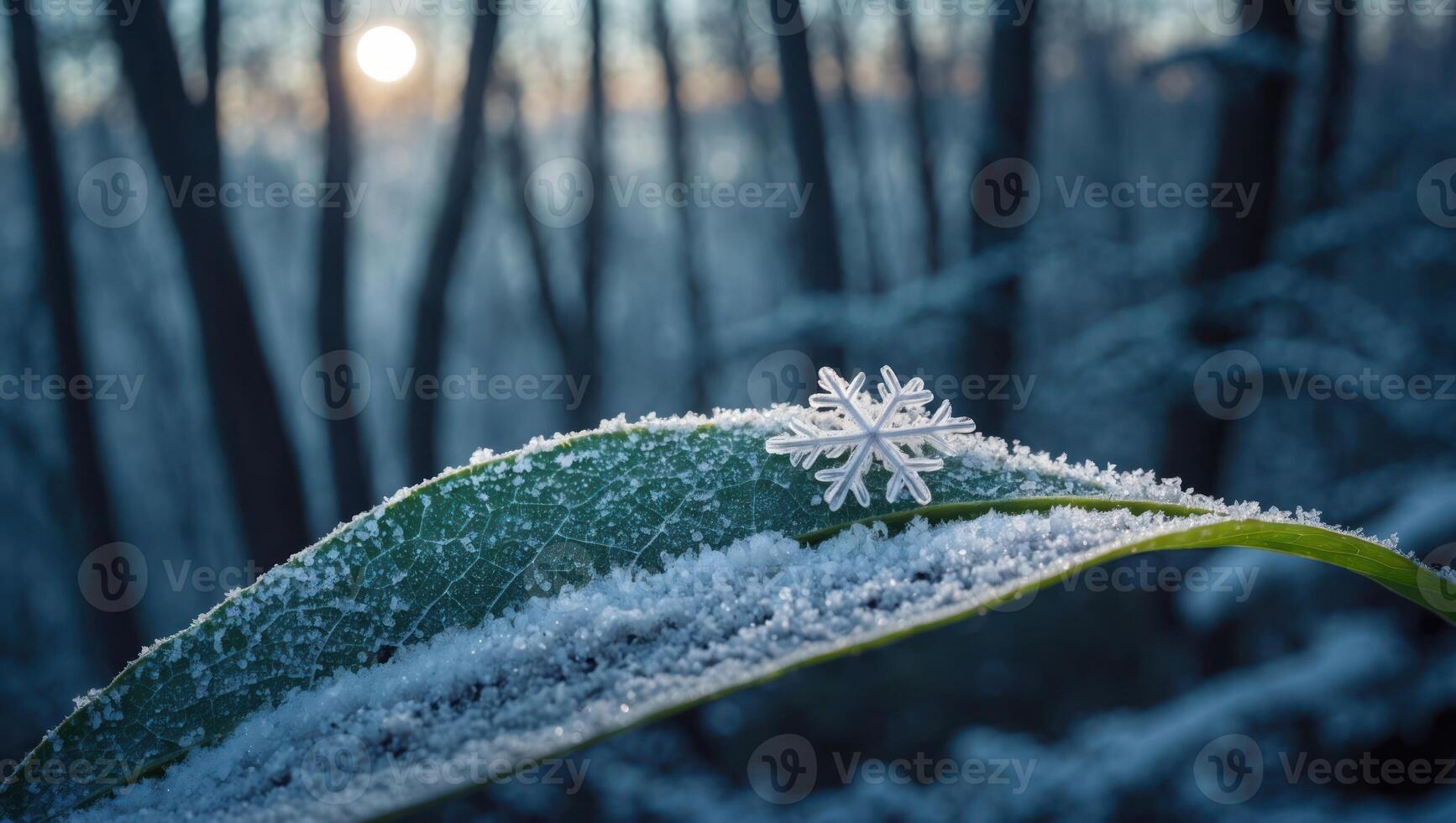 Snowflake on Leaf with Forest Winter Background photo