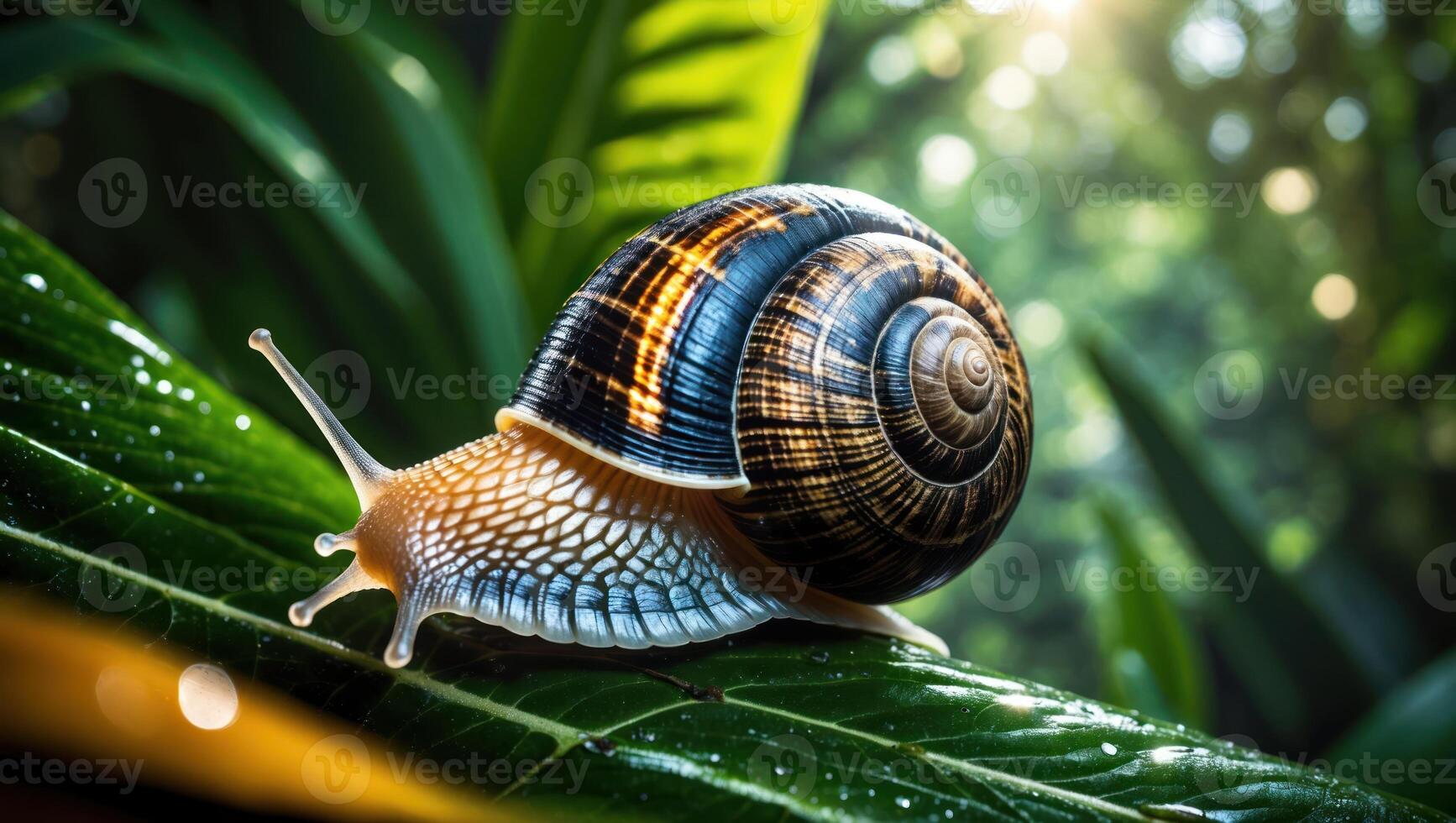 Snail Crawling on Wet Leaf in Garden Setting photo