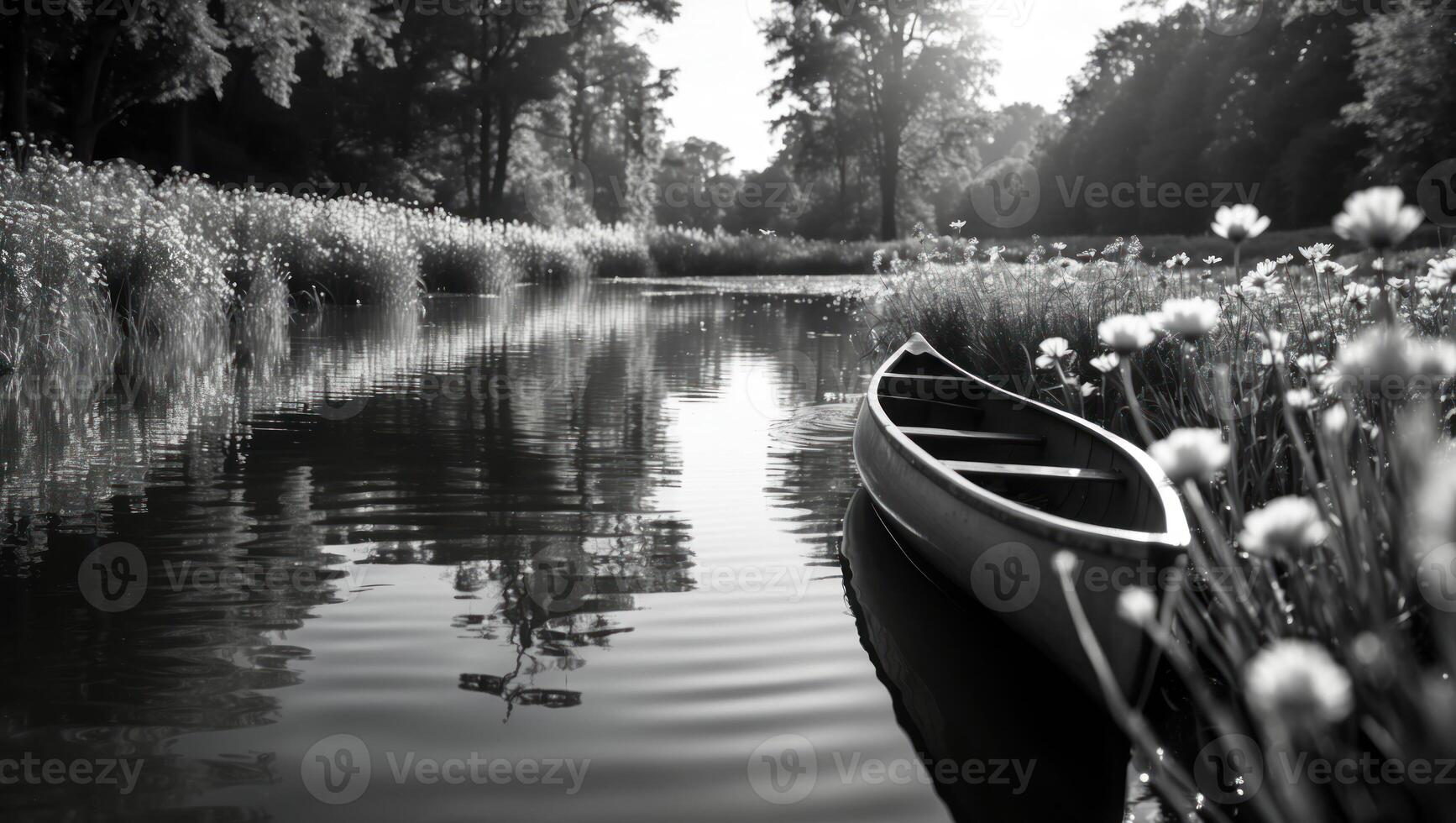 Canoe at River Edge with Flowers in Black and White photo