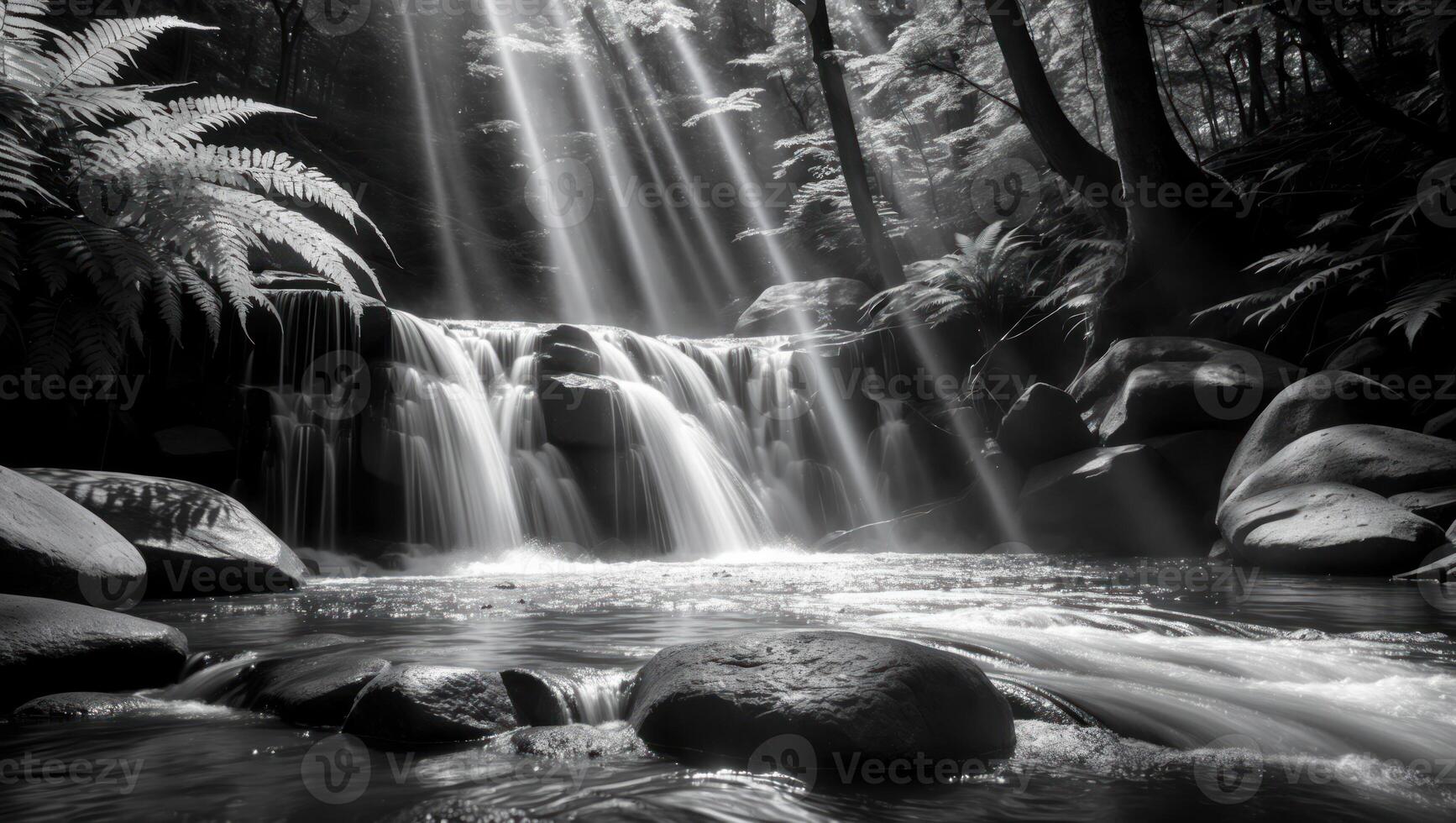 Cascading Waterfall with Sunlight in Forest Scenic View photo