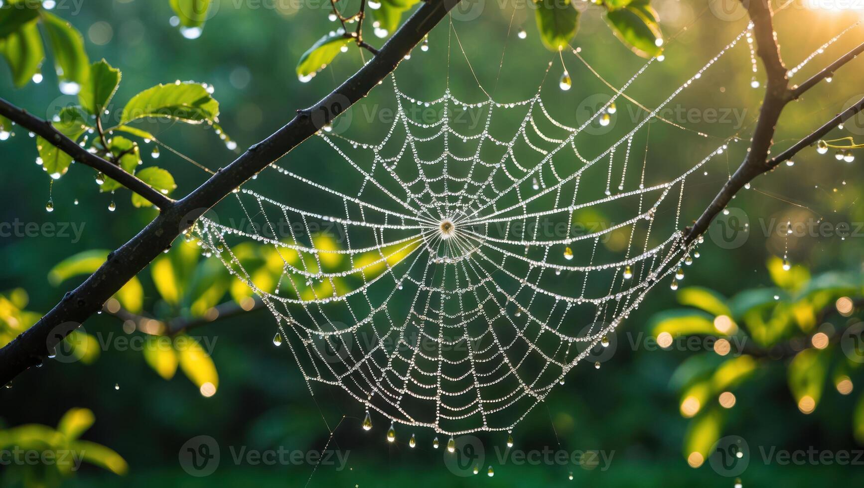 Spiderweb Dew Drops on Branch in Nature photo