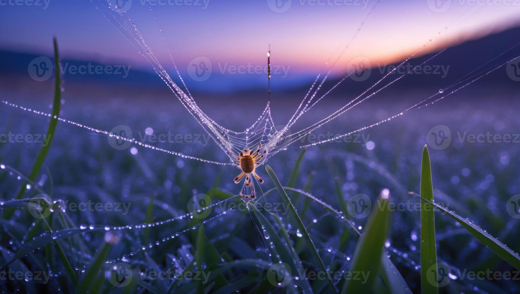 Spider on Dew-covered Web in a Dreamy Meadow photo