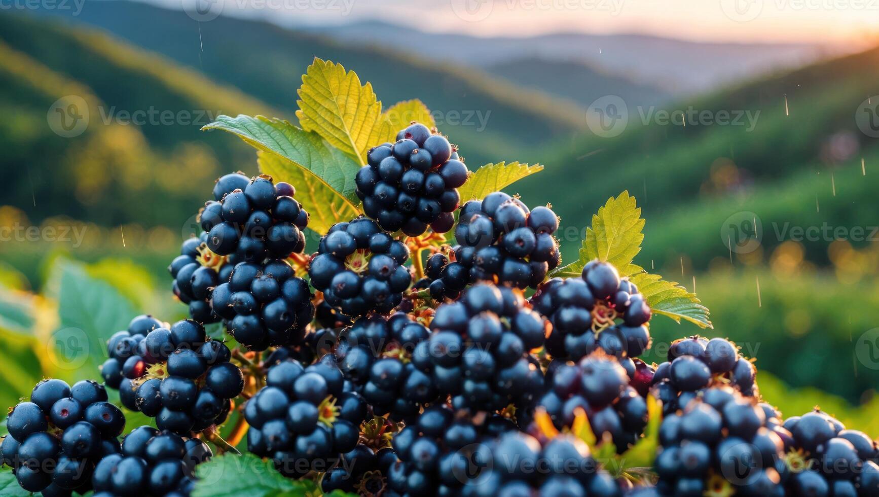 Fresh Blackberries on Bush Growing in Field photo