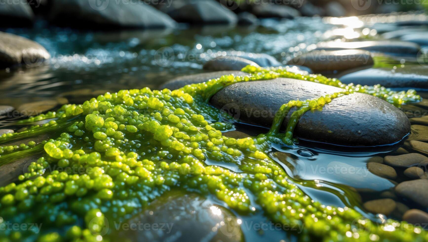 Green Algae Growing on Rocks in Stream Water photo