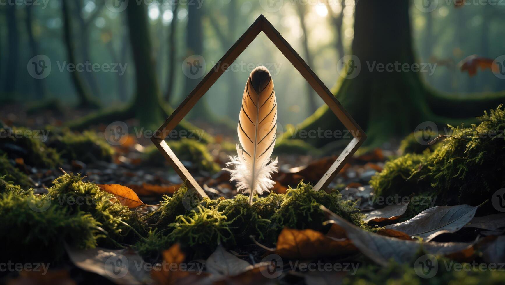 Feather Standing in Frame on Mossy Forest Floor photo