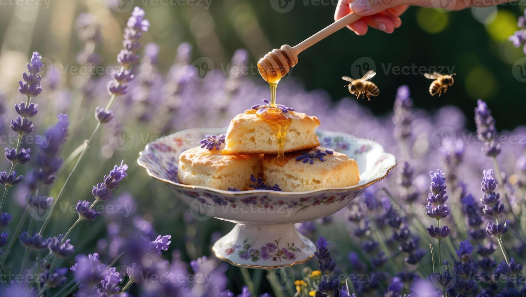 Honey Drizzling on Biscuits in Lavender Field with Bees Flying photo