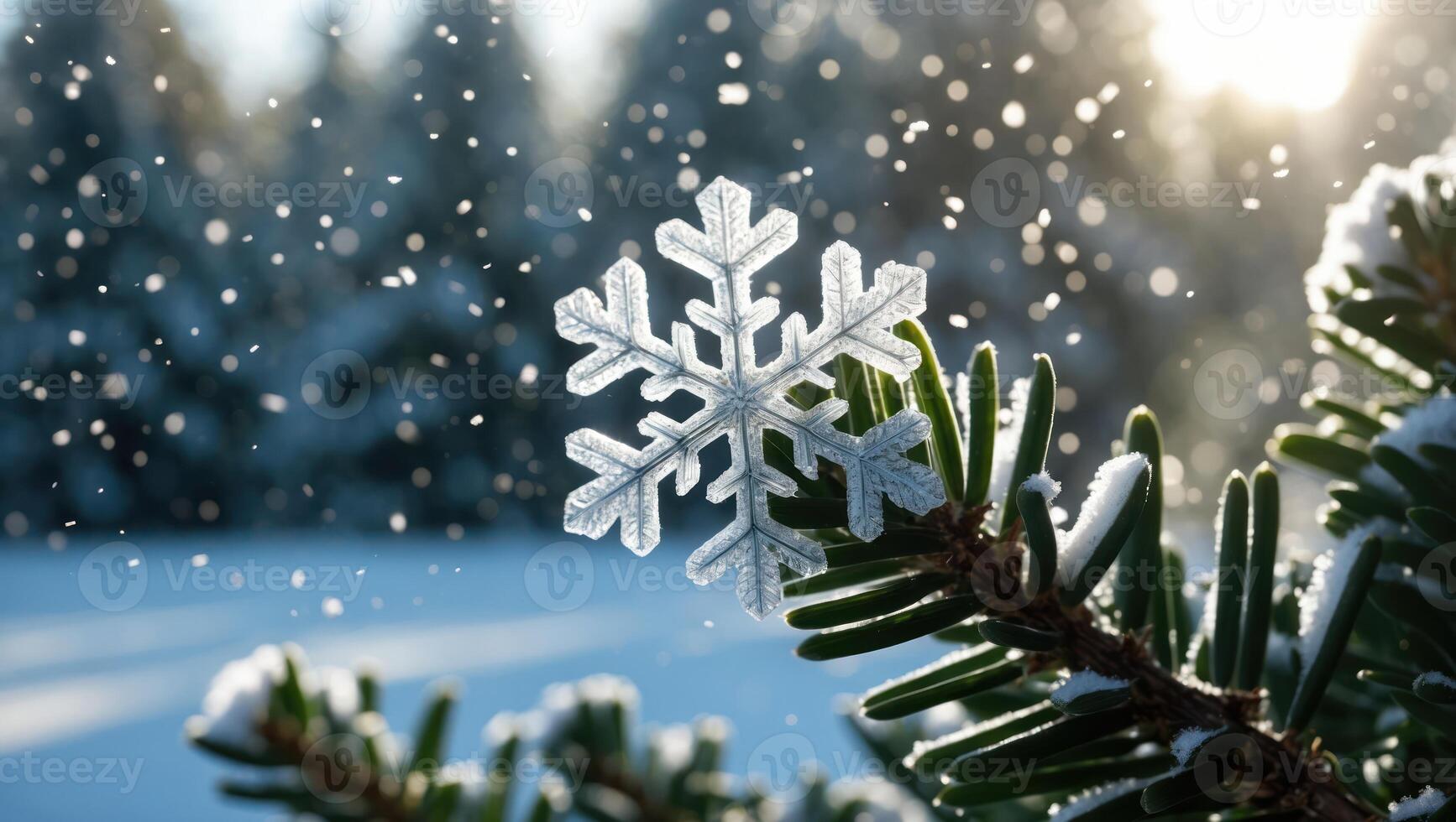 Snowflake on Evergreen Branch During Winter Snowfall photo