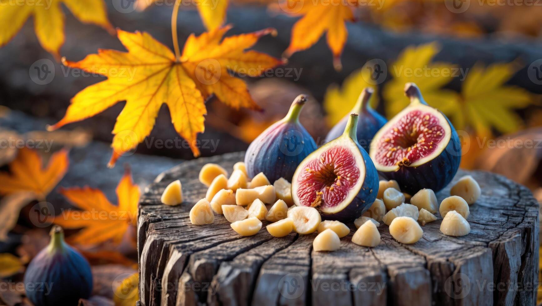 Arrangement of Figs and Macadamia Nuts on a Wood Slice photo