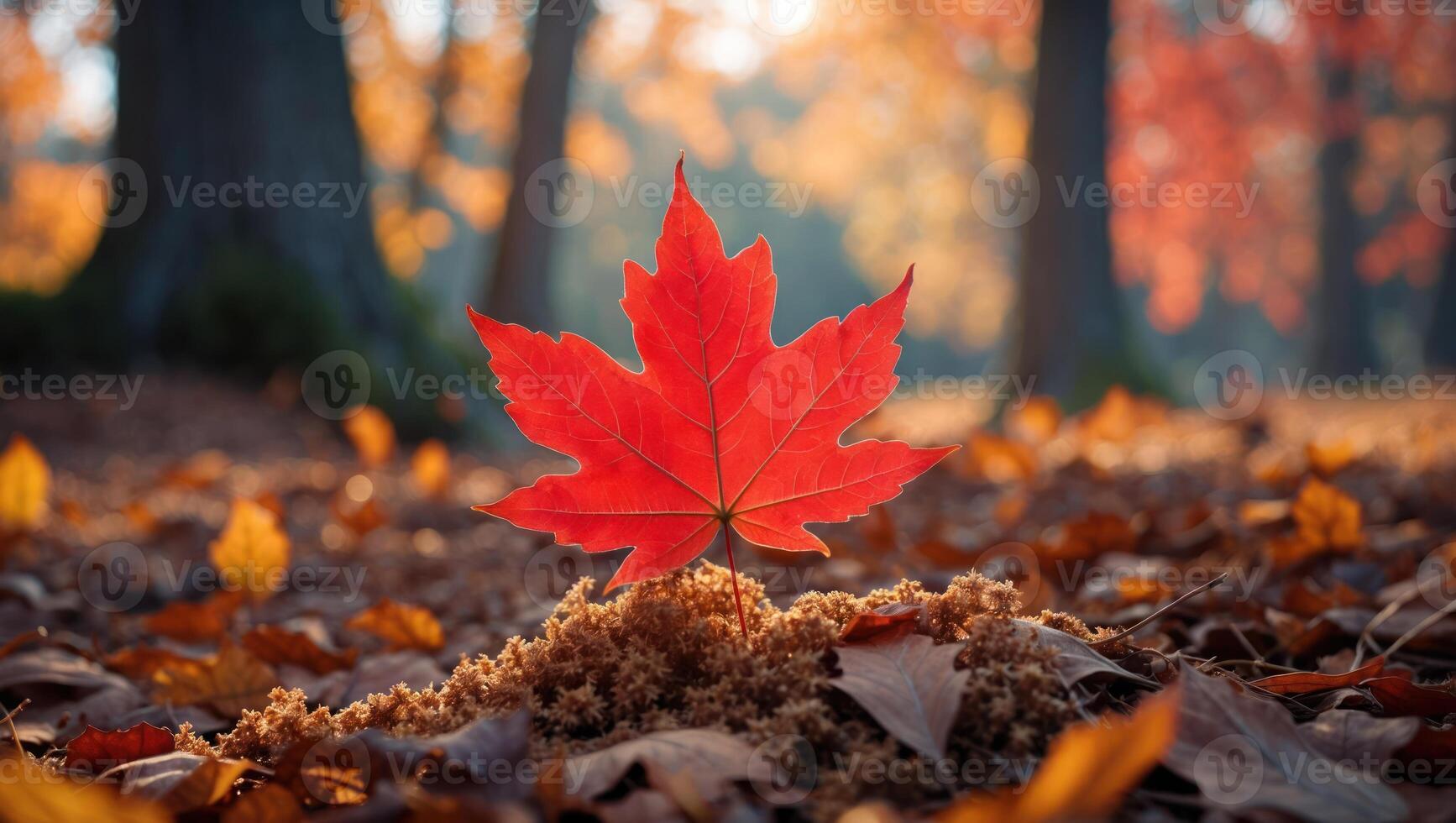 Red Maple Leaf on Ground in Autumn Forest photo