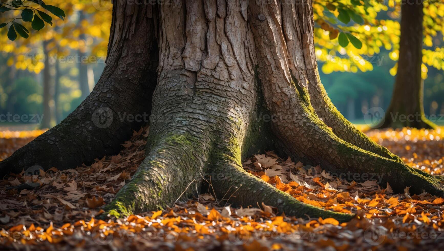 Massive Tree Trunk with Golden Leaves in Autumn photo