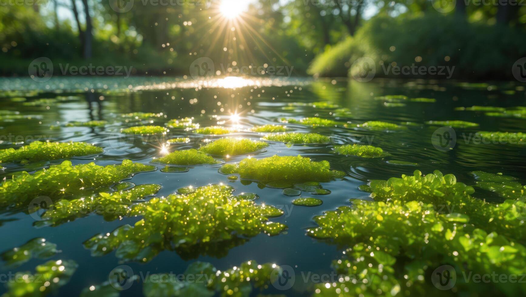 Green Algae Floating on Water Surface in Sunlight photo
