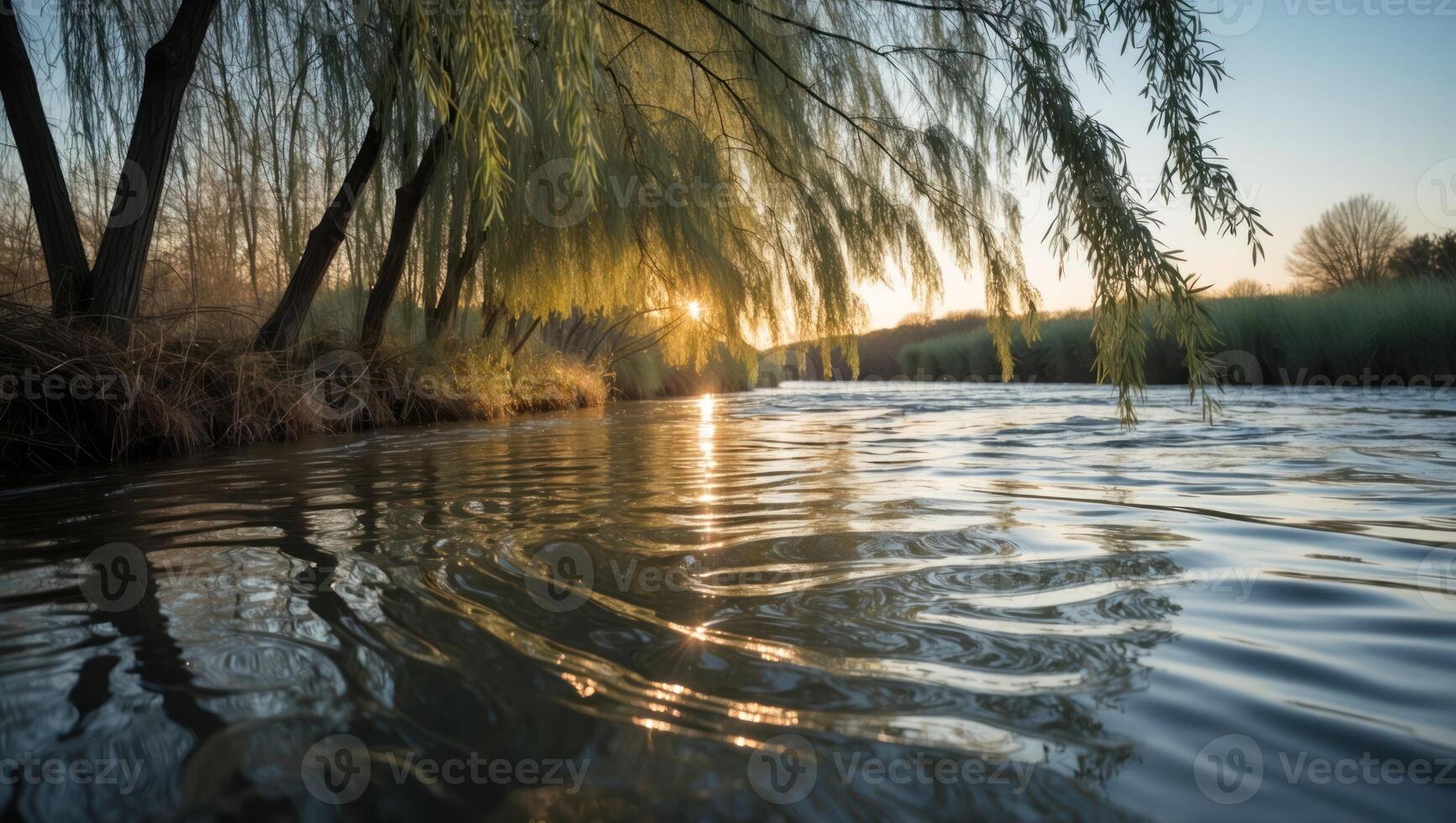 Sunset River Flowing Under Weeping Willow Branches photo