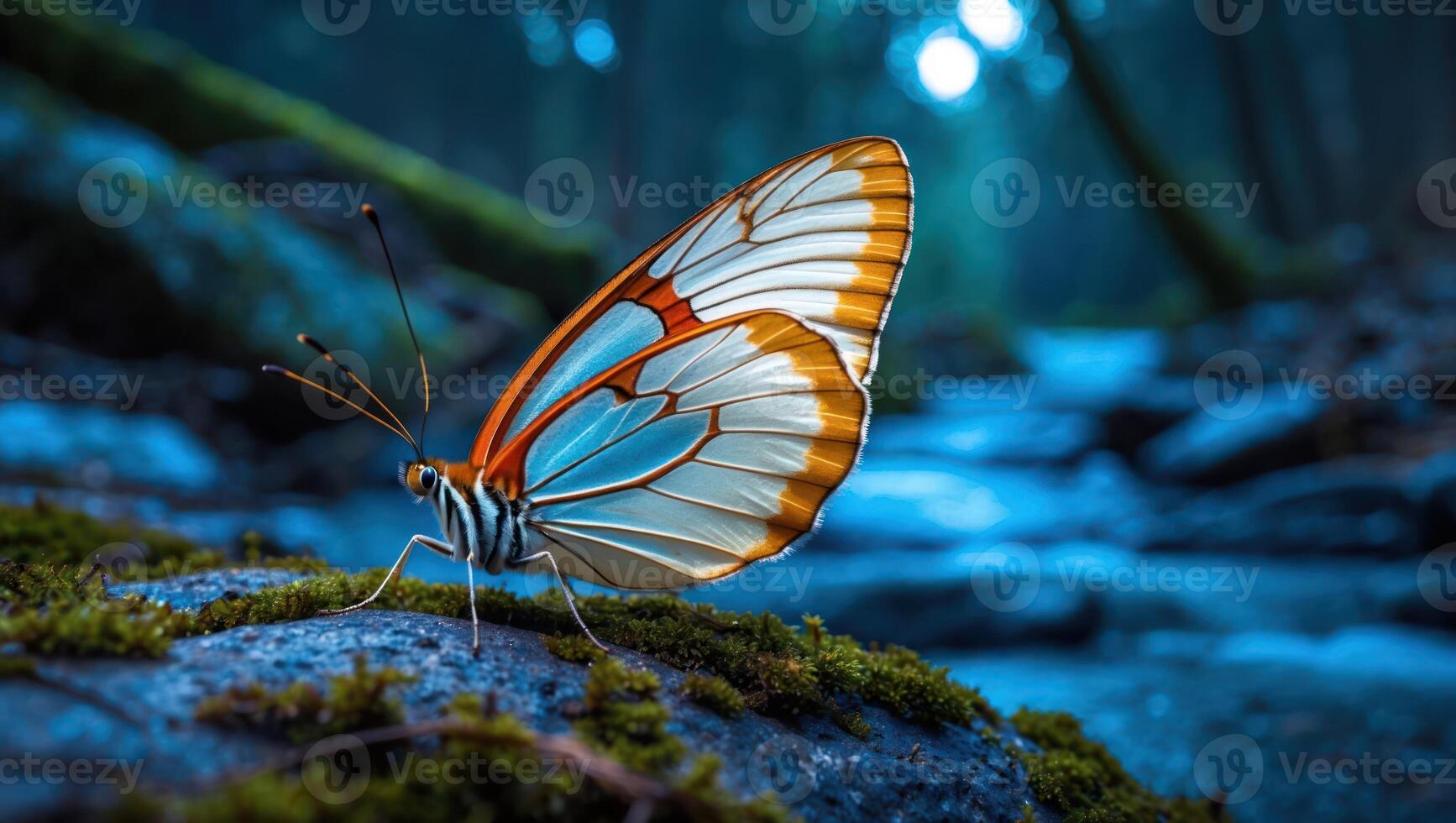 Butterfly Resting on Mossy Rock in Forest photo
