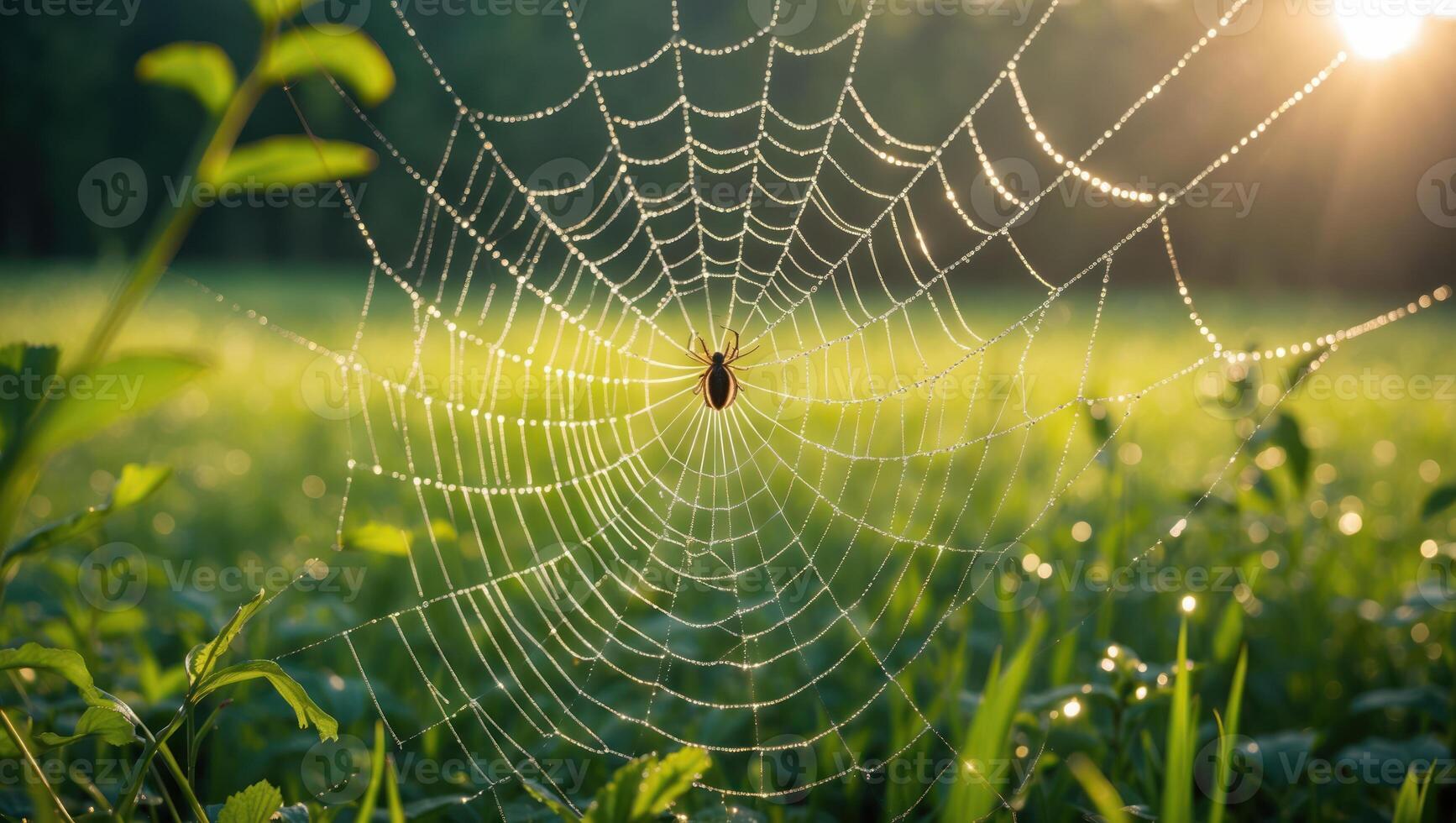 Spider Sitting on Dew Covered Web in Meadow photo