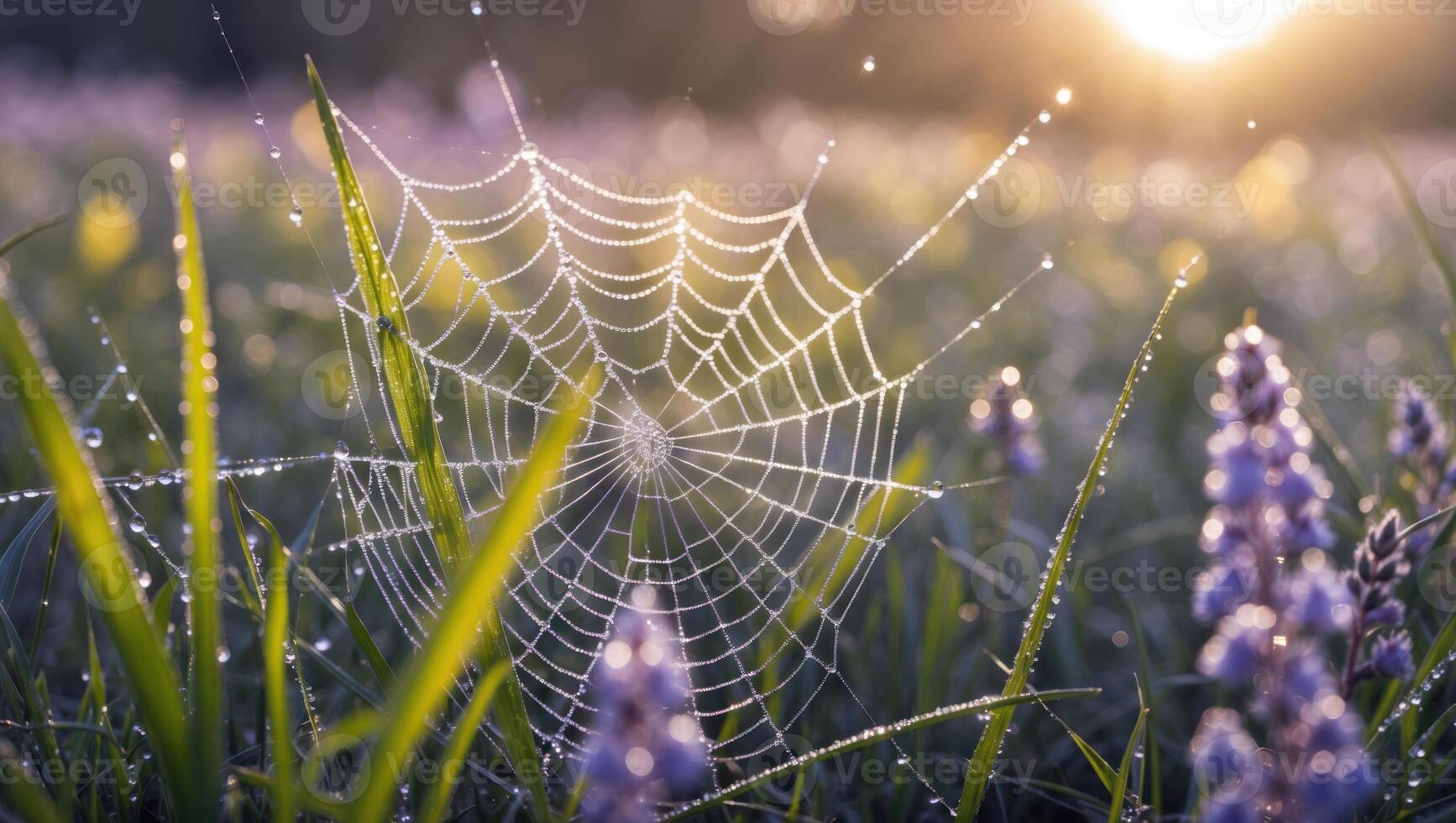 Spiderweb with Dew Drops Sparkling in Morning Light photo