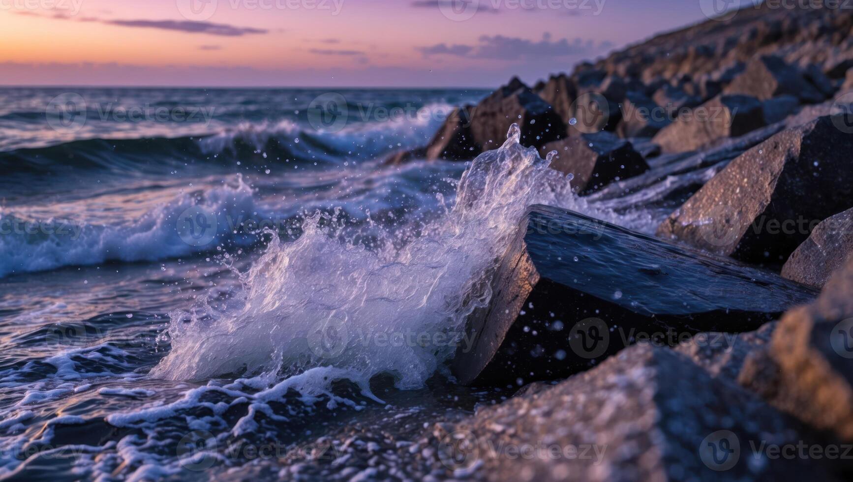 Waves Crashing on Rocks at Dusk Ocean Landscape photo