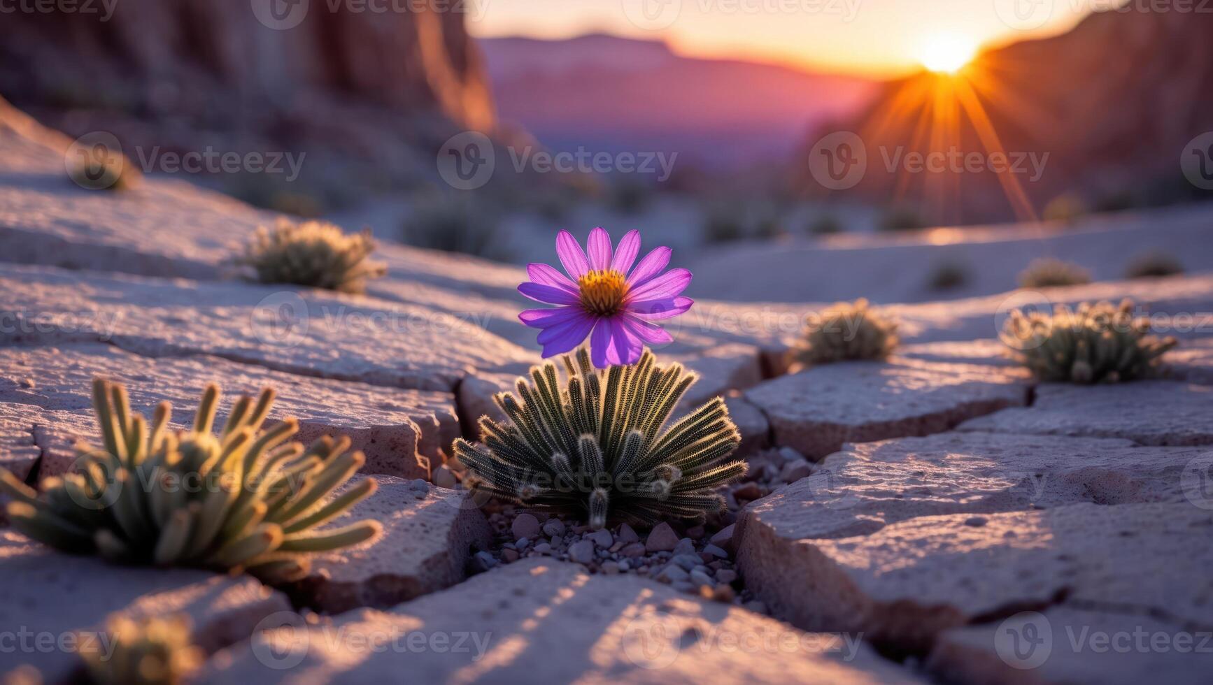 Flower Growing in Desert at Sunset Hope Concept photo
