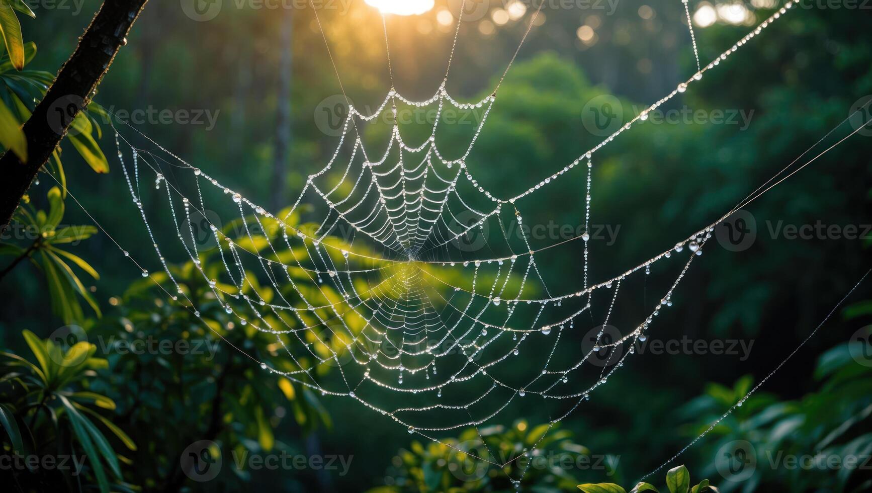 Spiderweb with Dew in Sunlight Forest Setting photo