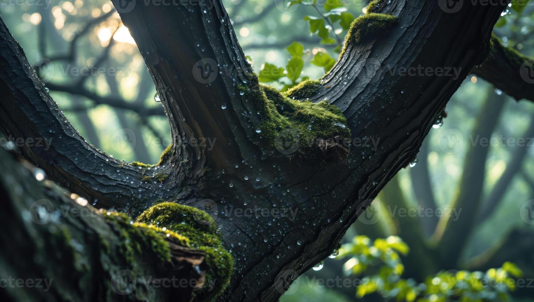 Tree Branch with Moss and Water Droplets in Forest photo