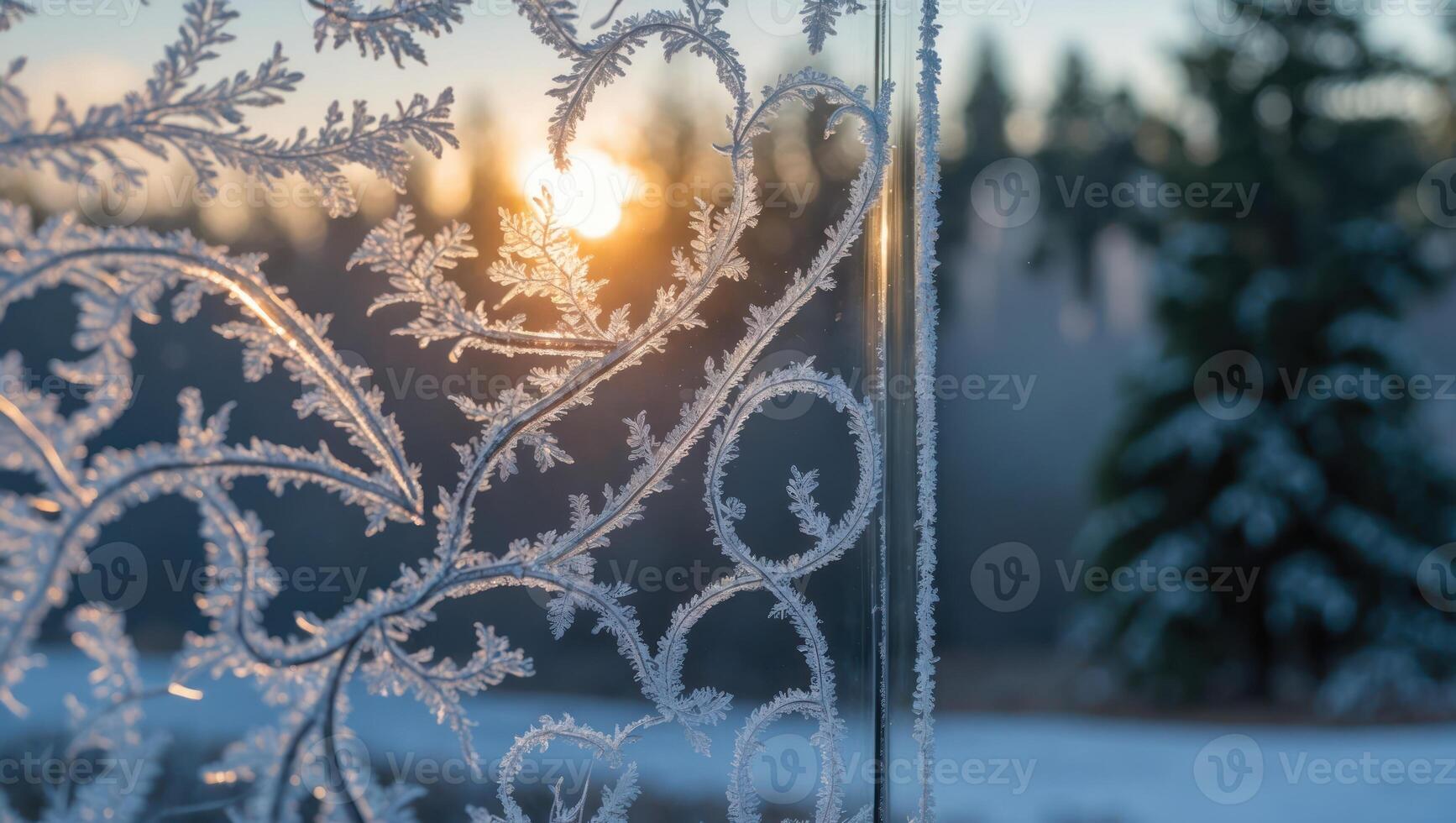 Frost Patterns on Glass with Sunlight and Winter Scene photo