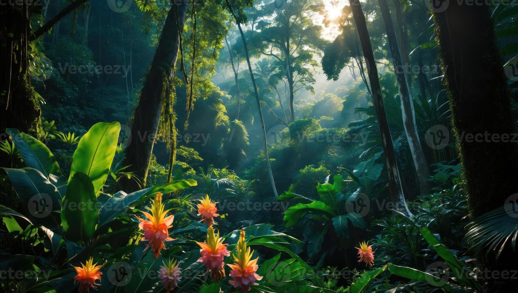 Lush Jungle Scene with Exotic Flowers and Sunlight photo