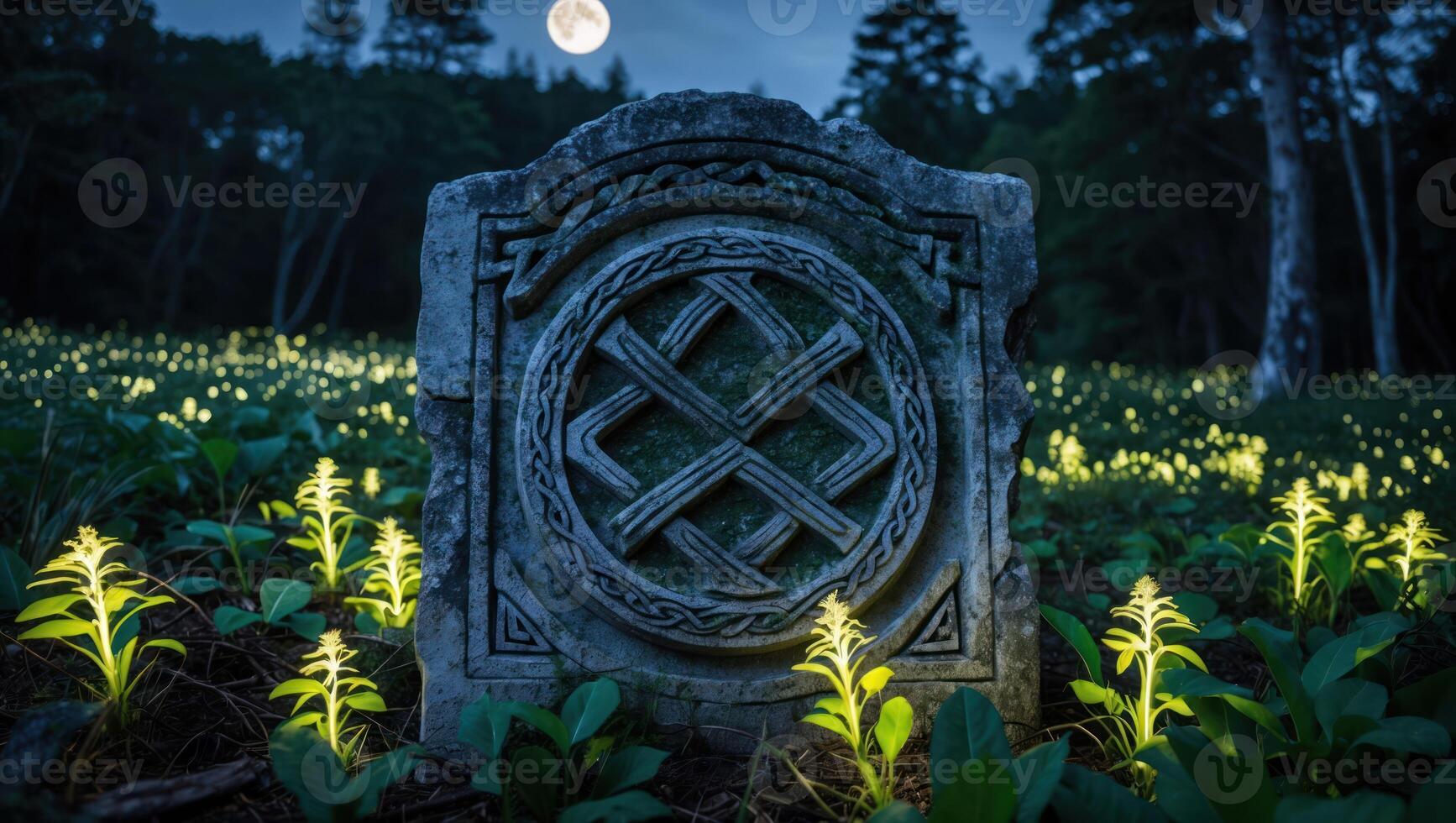 Stone Carving in Forest with Glowing Plants at Night photo