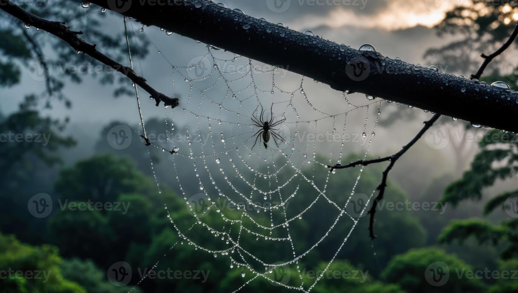 Spider on Web with Dew Drops in Forest Setting photo