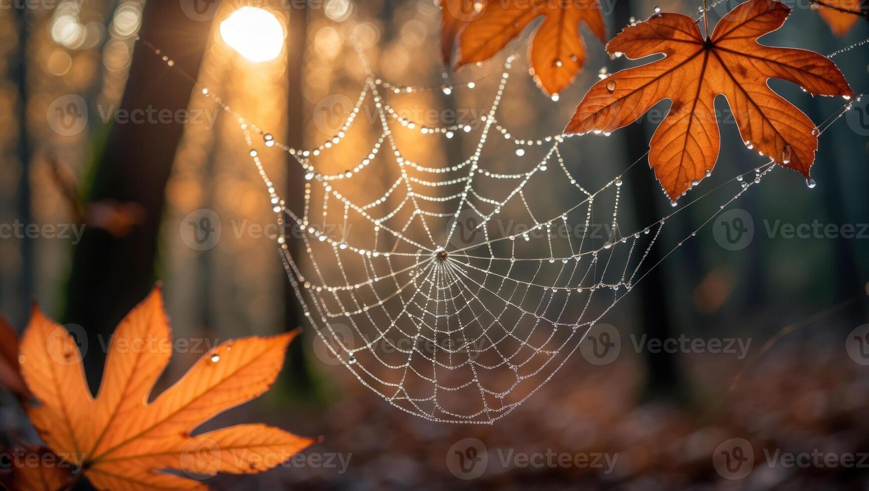 Spiderweb with Dewdrops Hanging in Autumn Forest photo