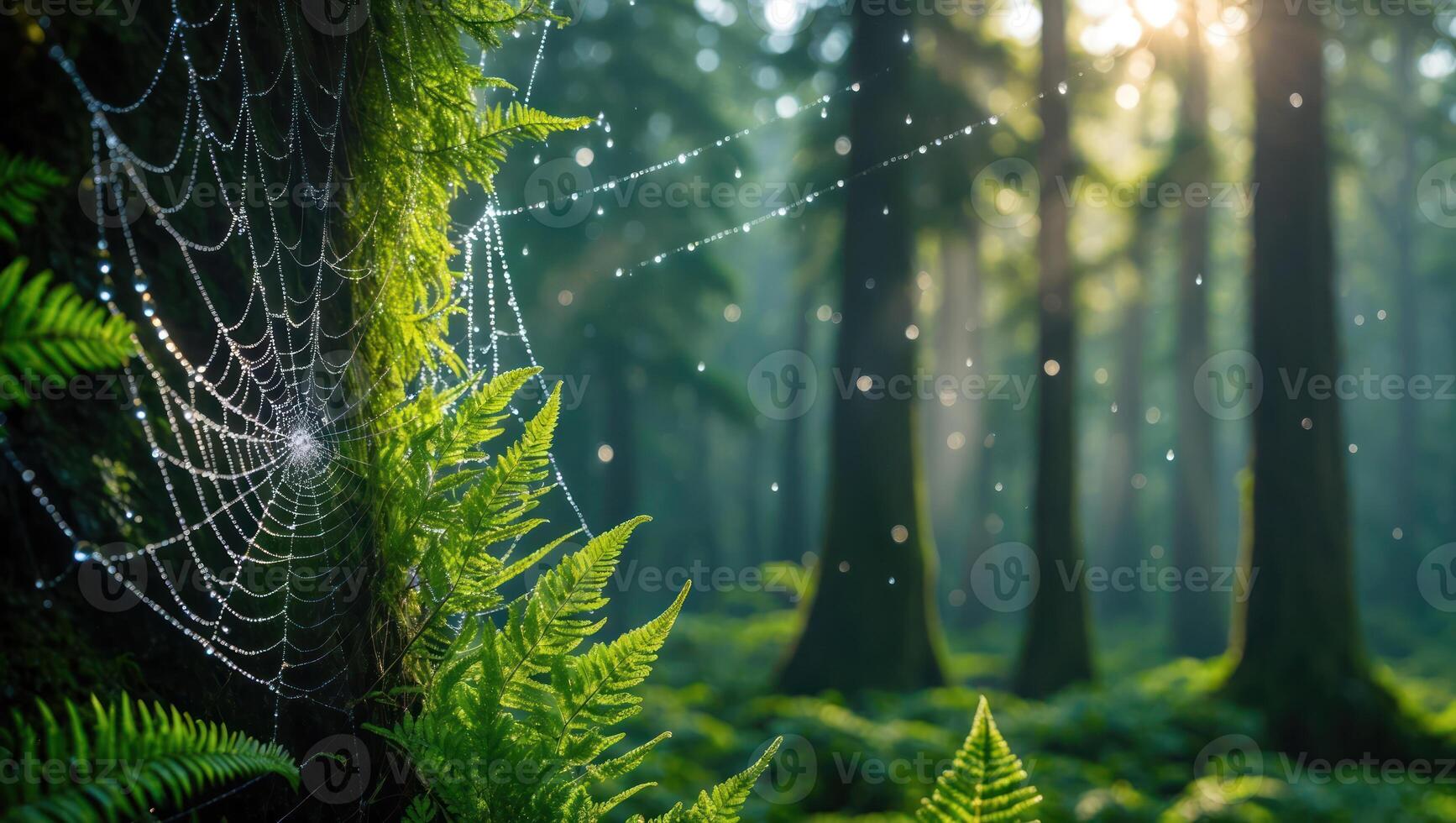 Spiderweb Covered in Dewdrops in Forest with Sunlight photo