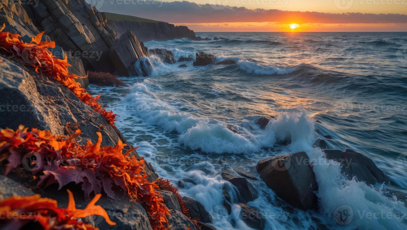 A sunset over the ocean with seaweed on the rocks photo