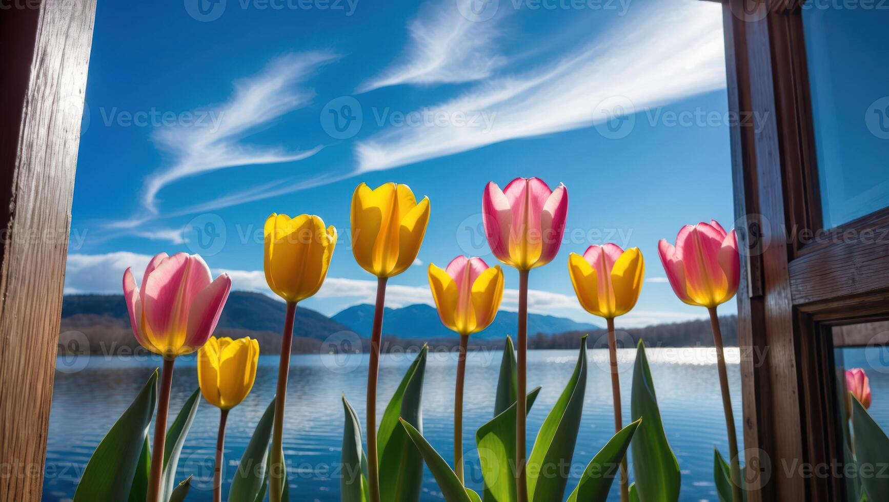Tulips Facing Lake and Mountains Through Window on a Sunny Day photo
