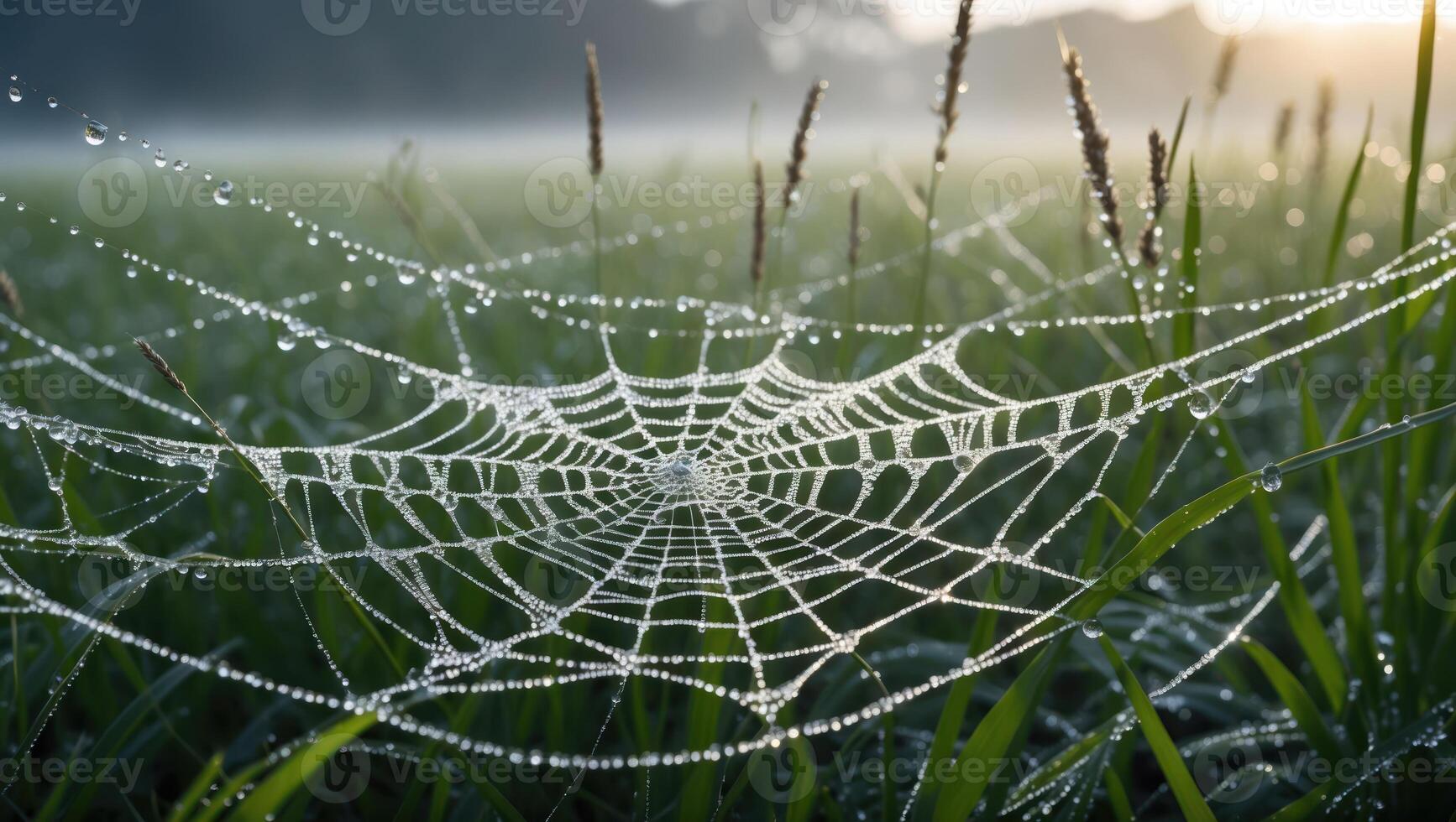 A spider web covered in dew in the morning photo