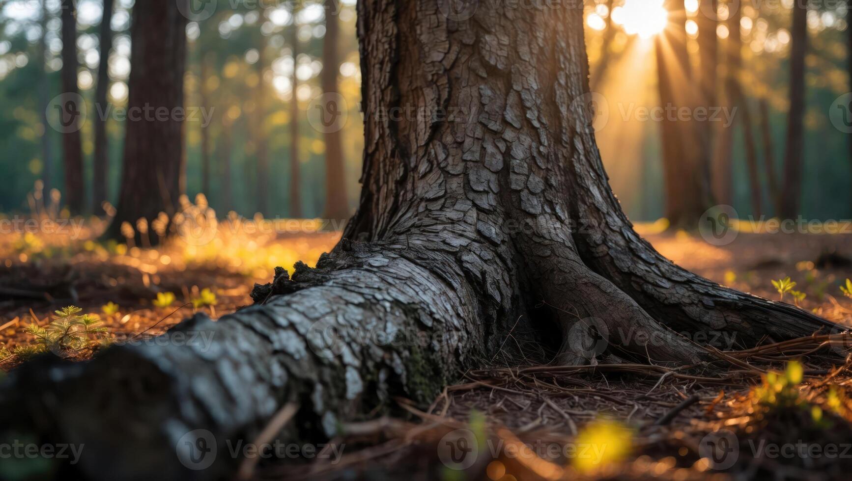 Tree Trunk in Forest with Sunlight Shining Through the Trees photo