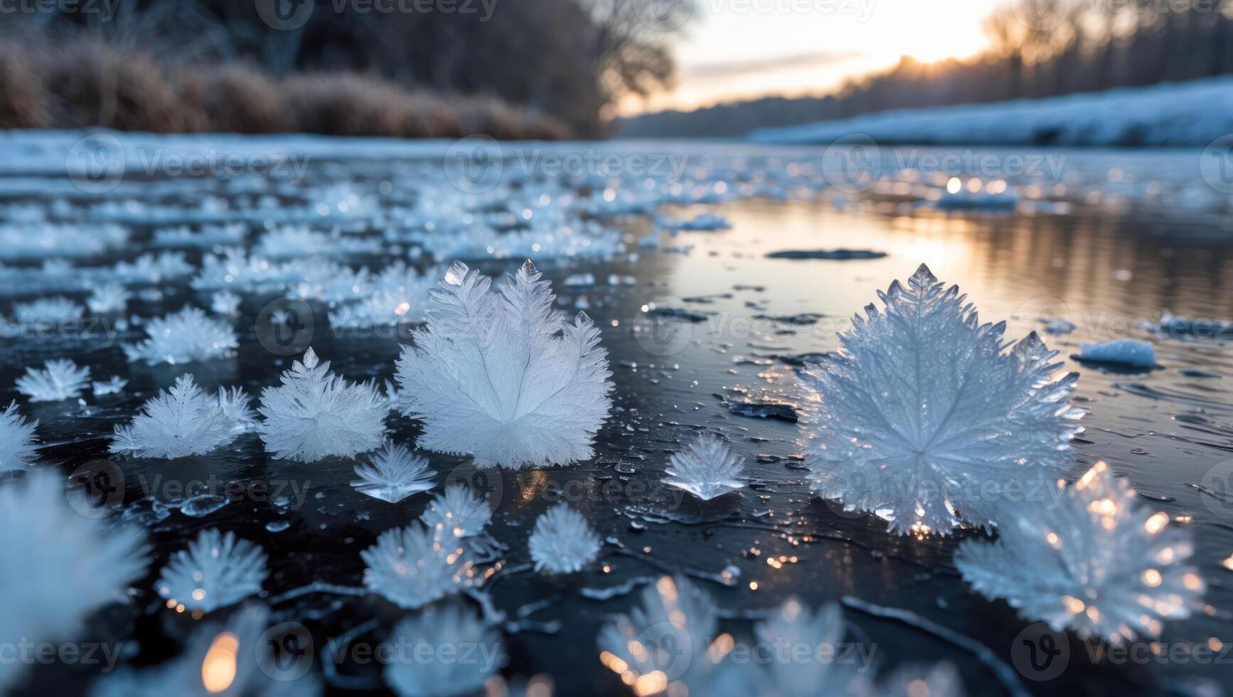Frost Flowers on Ice at Sunrise Winter Landscape photo