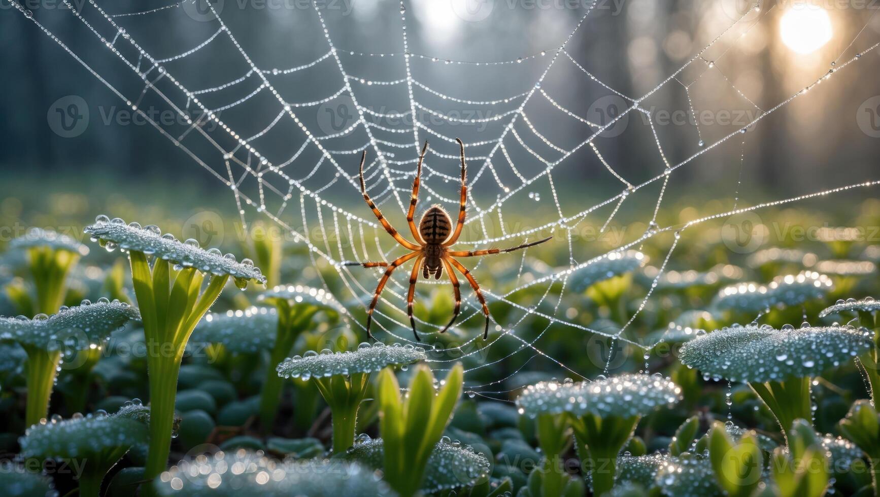 Spider on Dew-covered Web in Meadow at Sunrise photo