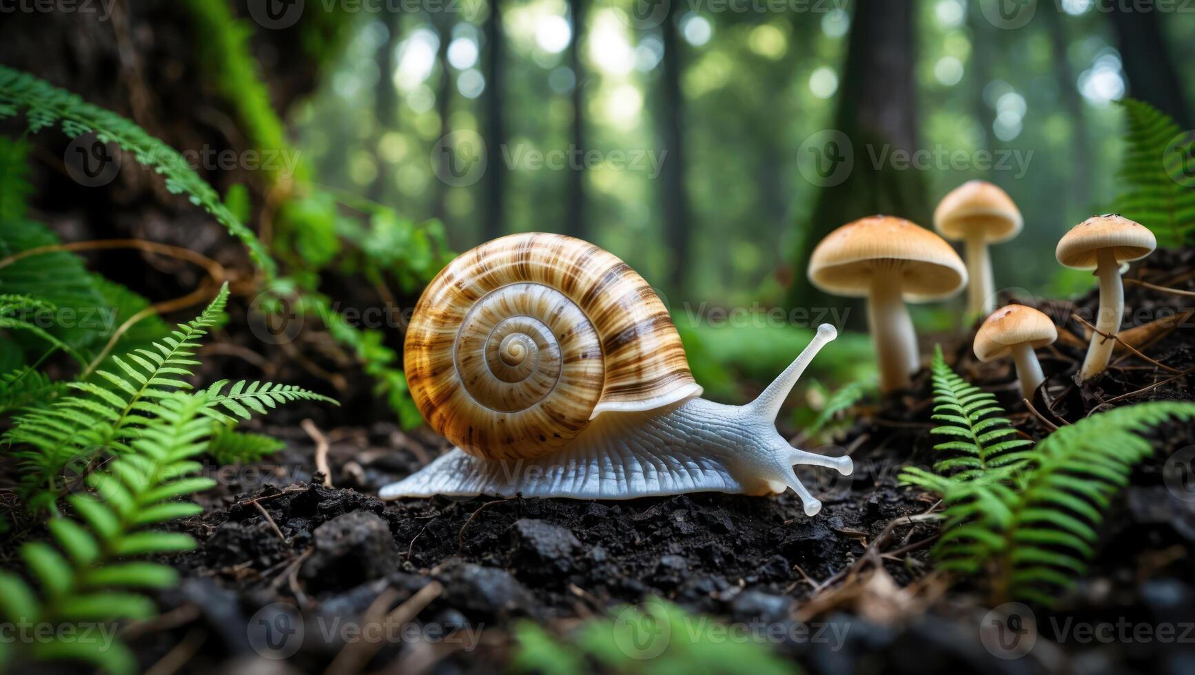 Snail Crawling Through Forest Ground Near Mushrooms and Ferns photo