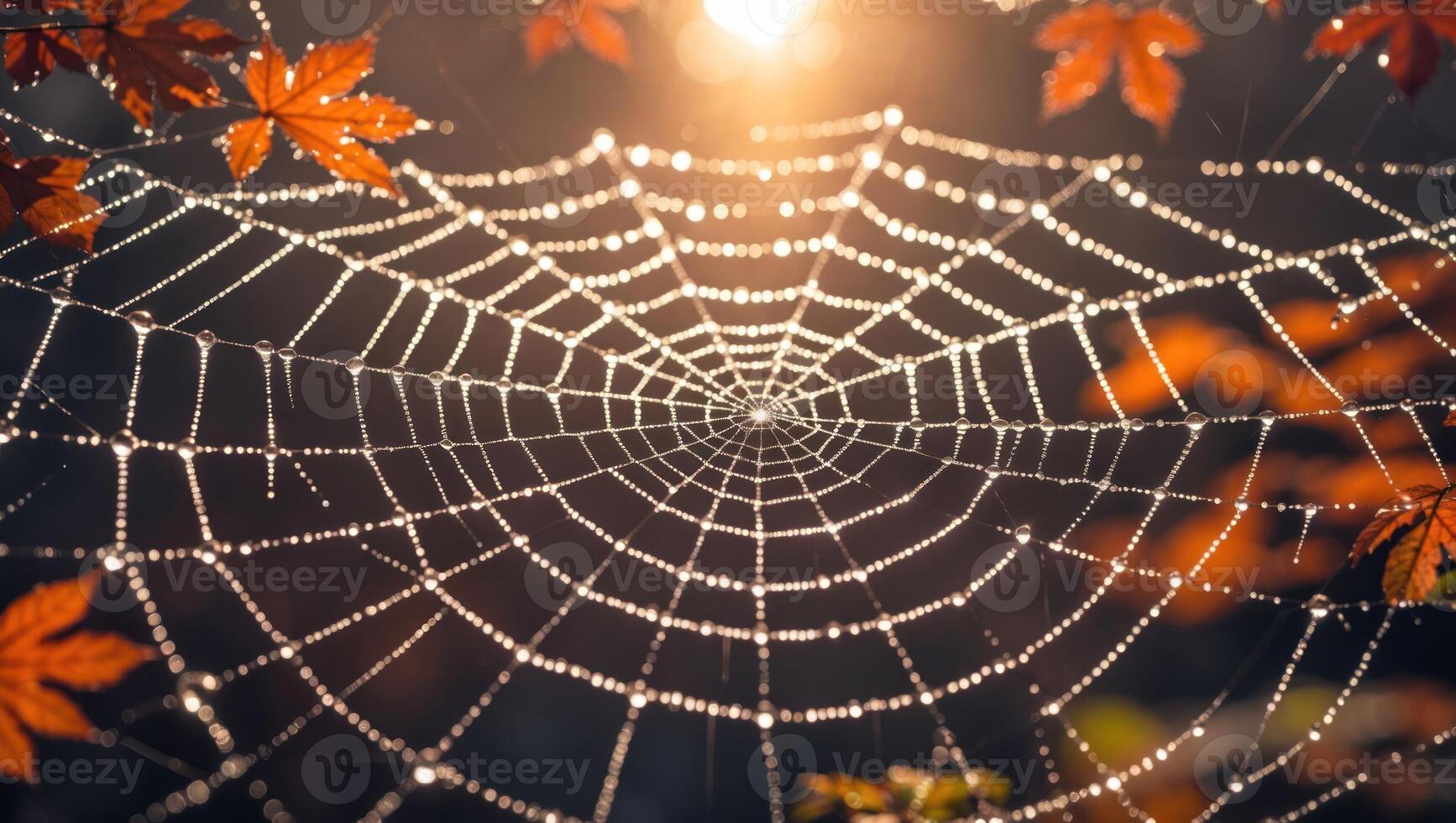 Spiderweb with Dew Drops Shines in Morning Light Through Autumn Leaves photo