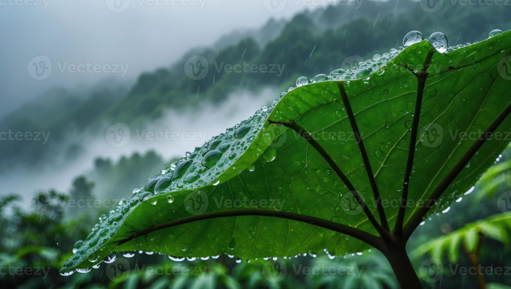 Rain Drops on a Green Leaf in Nature Setting photo