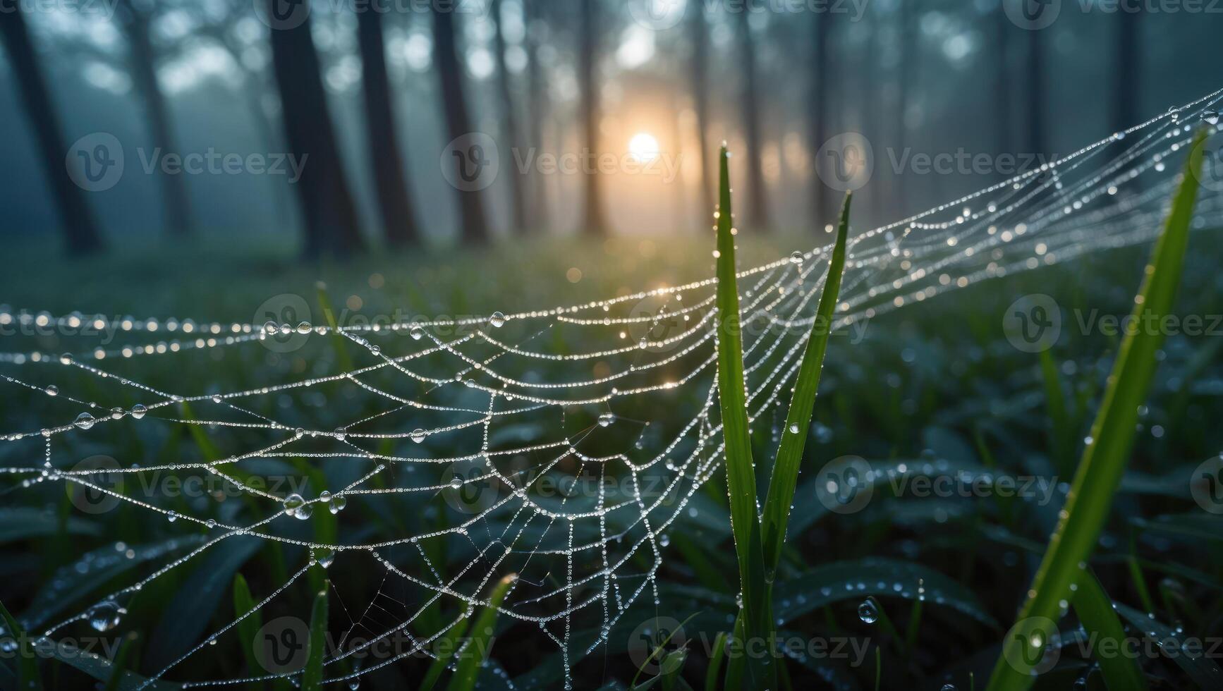 Spiderweb Covered in Dew in Morning Light Forest photo