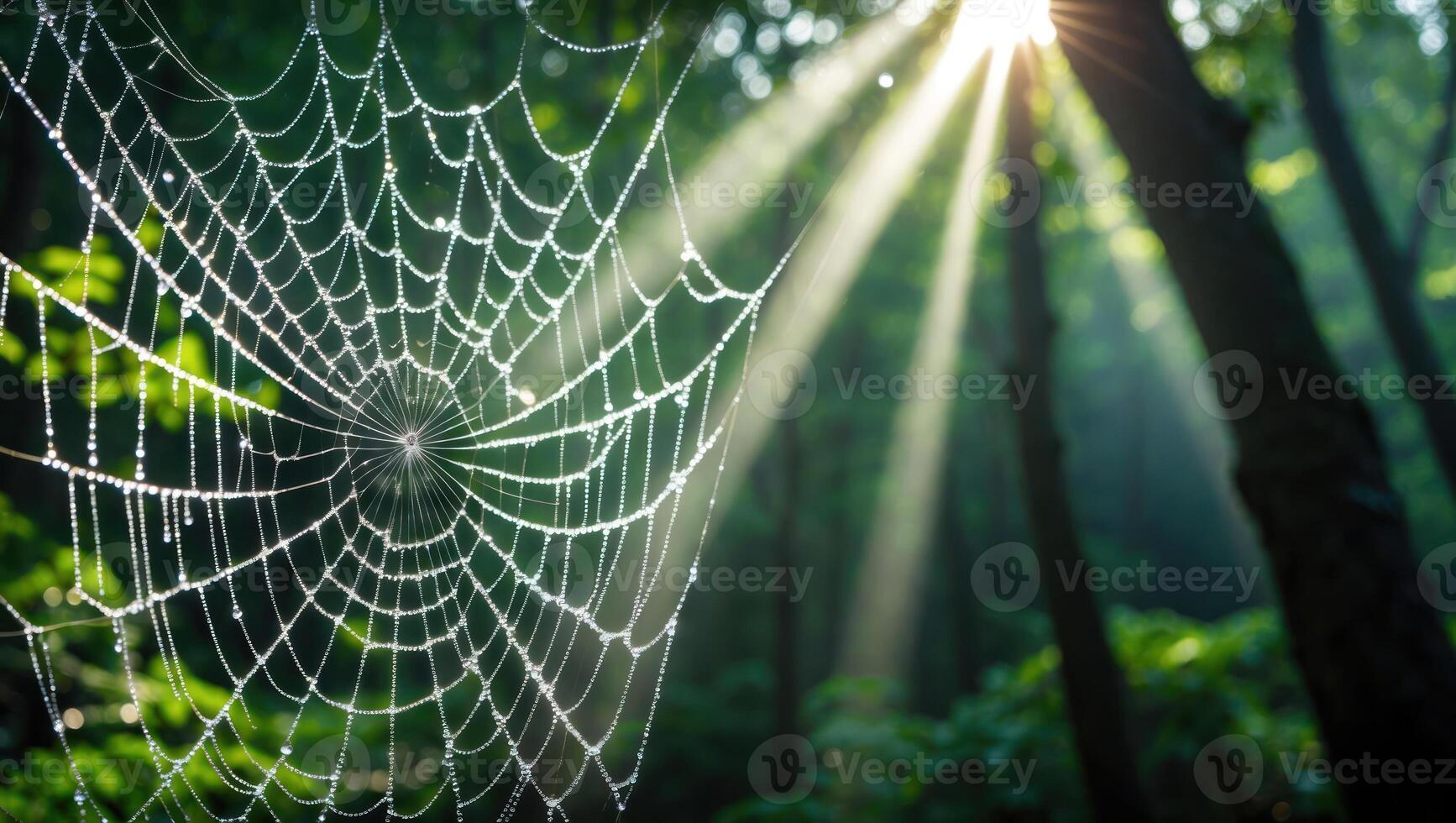 Spiderweb Covered in Dew with Forest and Sunbeams photo