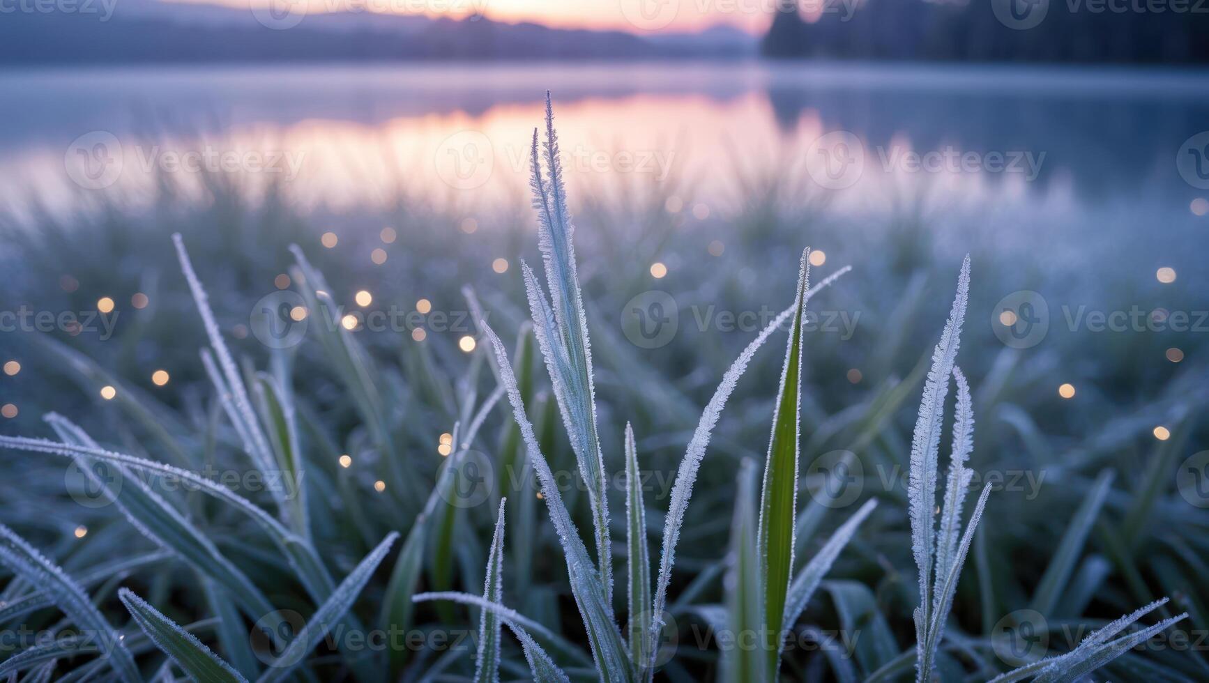 Frosty Grass Near Calm Lake at Sunrise photo